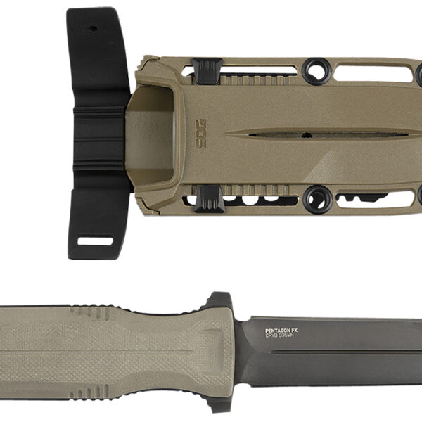 S.O.G SOG17610257 Pentagon FX 4.77″ Fixed Spear Point Plain Black Titanium Nitride Cryo CPM S35VN Blade/G10 FLat Dark Earth Handle