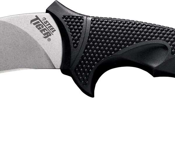 Cold Steel CS49KST Steel Tiger  4.75″ Fixed Plain Stone Washed Japanese AUS-8A SS Blade/Black w/Thumb Shelf & Finger Ring Griv-Ex w/Overmold Kray-Ex Handle