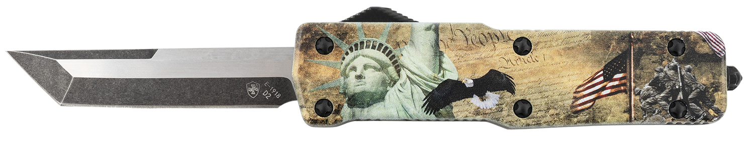 Templar Knife SZLIB221 Premium Weighted Liberty Small 3" OTF Tanto Plain Black Oxide Stonewashed D2 Steel Blade, 4.50" Gold w/Statue of Liberty/Flag/Eagle Aluminum Zinc Alloy Handle
