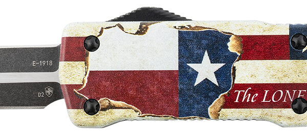 Templar Knife LZTX121 Premium Weighted Texan Large 3.55″ OTF Dagger Plain Black Oxide Stonewashed D2 Steel Blade, 5.25″ Red/White/Blue w/”The LONE STAR State” Aluminum Zinc Alloy Handle
