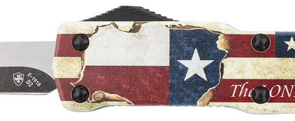 Templar Knife MZTX321 Premium Weighted Texan Slim 3.16″ OTF Drop Point Plain Black Oxide Stonewashed D2 Steel Blade, 4.93″ Red/White/Blue w/”The LONE STAR State” Aluminum Zinc Alloy Handle