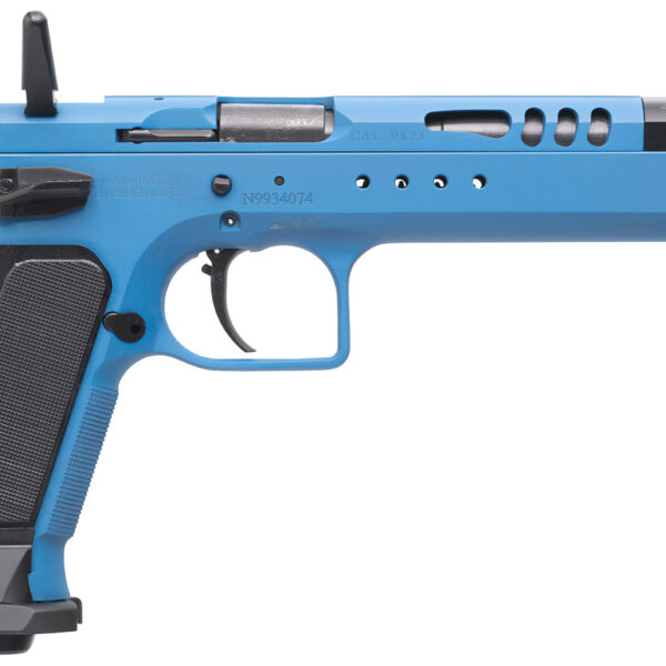 Tanfoglio IFG TFDOM9 Domina  9mm Luger Caliber with 5.20″ Barrel, 17+1 or 19+1 Capacity, Overall Blue Finish Steel, Beavertail Frame, Ported Slide & Black Polymer Grip