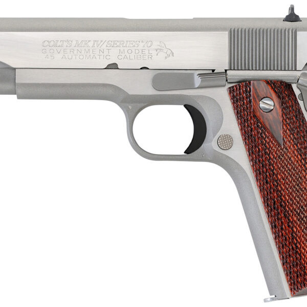 Colt Mfg O1070A1CS 1911 Government 45 ACP 8+1 5″ Stainless National Match Barrel, Brushed Stainless Serrated Slide & Frame w/Beavertail, Double Diamond Checkered Wood Grip