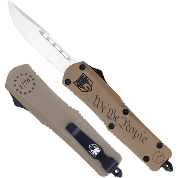 CobraTec Knives SWTPFS3DNS FS-3 We The People Small 2.75″ OTF Drop Point Plain Aluminum Cerakoted D2 Steel Blade, Tan “We The People” Aluminum Handle