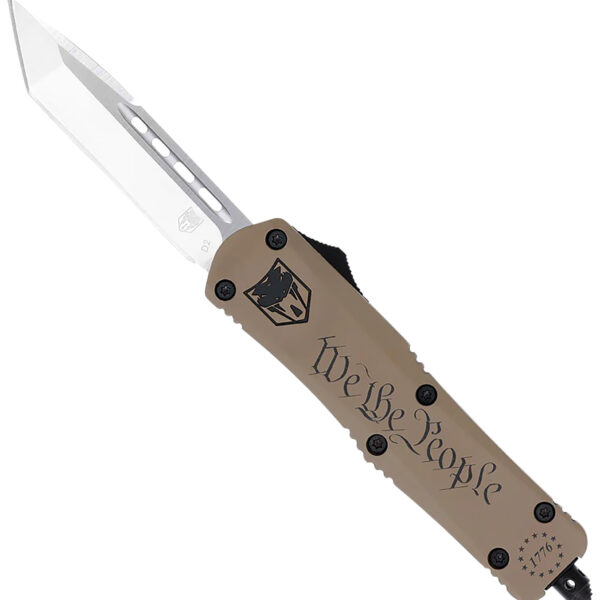 CobraTec Knives SWTPFS3TNS FS-3 We The People Small 2.75″ OTF Tanto Plain Aluminum Cerakoted D2 Steel Blade, Tan “We The People” Aluminum Handle