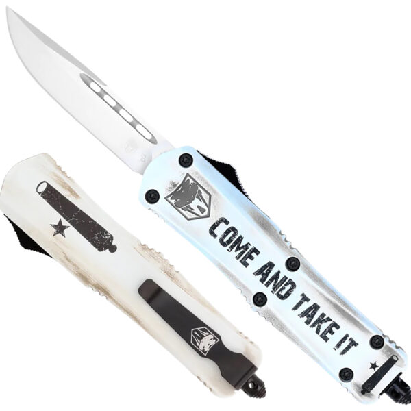 CobraTec Knives SCATIFS3DNS FS-3 Come And Take It Small 3″ OTF Drop Point Plain D2 Steel Blade 4.50″ White “Come And Take It” Aluminum Cerakoted Handle Includes Glass Breaker/Pocket Clip