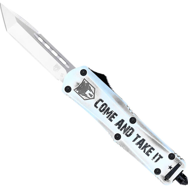 CobraTec Knives SCATIFS3TNS FS-3 Come And Take It Small 3″ OTF Tanto Plain Satin D2 Steel Blade, 4.50″ White “Come And Take It” Aluminum Cerakoted Handle