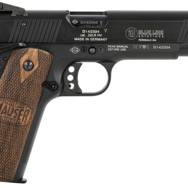 Mauser Rimfire 4110605 1911  22 LR 10+1 5″ Black Steel Barrel, Black Aluminum Slide, Black Aluminum Frame w/Beavertail, Walnut Grip, Ambidextrous