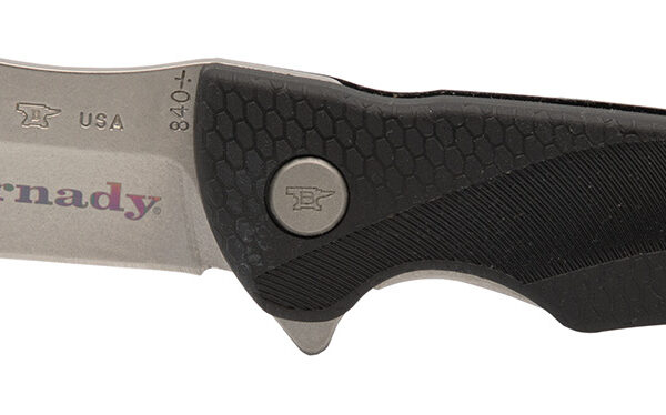 Hornady 99143   Folding Plain Satin w Laser Engraved Logo 420HC SS Blade Black GFN Handle Includes Pocket Clip