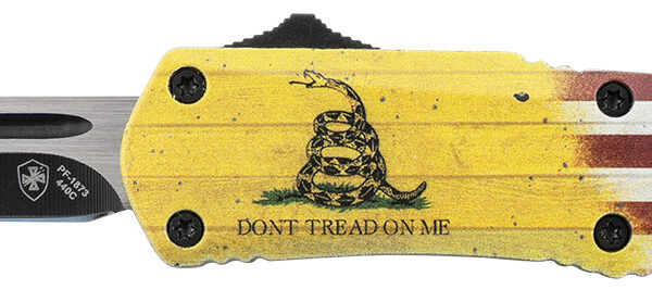 Templar Knife S-DTOM-23-1 Gen II Don’t Tread On Me Small 2.69″ OTF Plain Black Oxide 440C SS Blade, 4.25″ Yellow w/Flag & “Don’t Tread On Me” Aluminum Handle, Glass Breaker