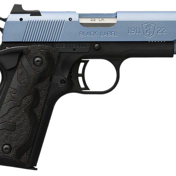 Browning 051898490 1911 Black Label Compact Frame 22 LR 10+1, 3.63″ Matte Stainless Steel Barrel, Polar Blue Cerakote Serrated Slide, Matte Black Polymer Frame w/Beavertail, Black Laminate Wood Grip