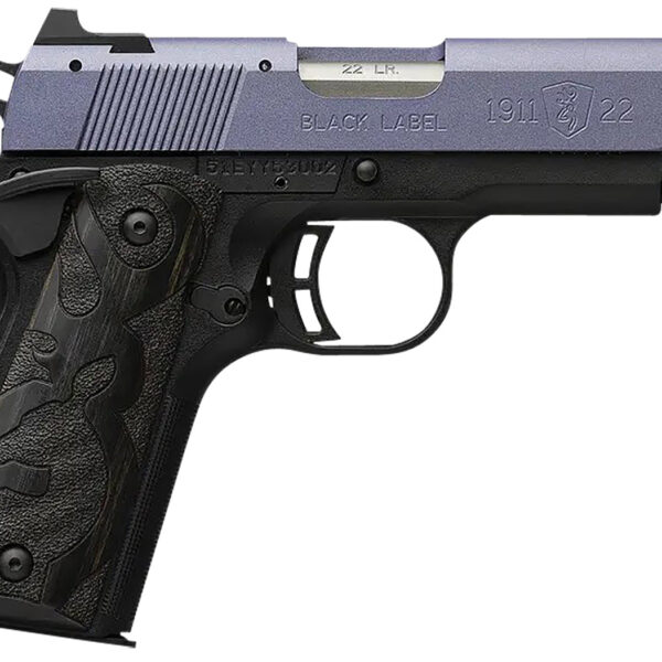 Browning 051894490 1911 Black Label Compact Frame 22 LR 10+1, 3.63″ Matte Stainless Steel Barrel, Crushed Orchid Cerakote Serrated Slide, Matte Black Polymer Frame w/Beavertail