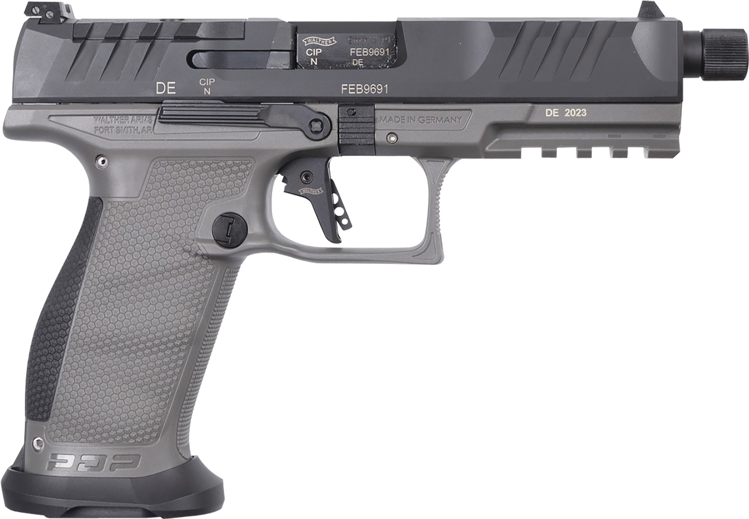 Walther Arms 2877503 PDP Pro SD 9mm Luger 18+1 5.10" Threaded Barrel, Black Optic Cut/Serrated Slide, Tungsten Gray Polymer Frame with Pic. Rail, Performance Duty Grip, Flared Magwell