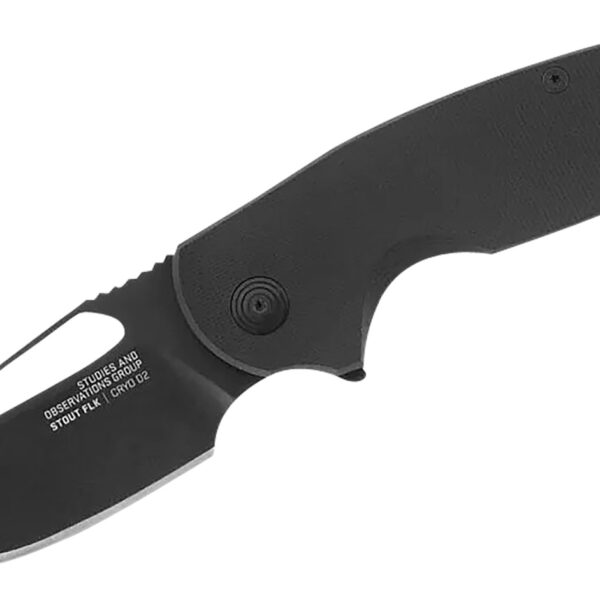 S.O.G SOG14030257 Stout FLK 2.62″ Folding Clip Point Plain Black TiNi Cryo D2 Blade, Black Textured G10 Handle