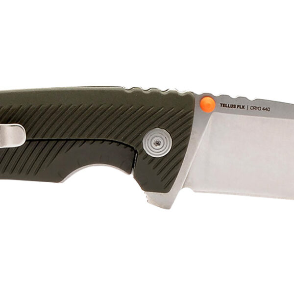 S.O.G SOG14060143 Tellus FLK  3.65″ Folding Clip Point Plain Stonewashed Cryo 440C SS Blade/ Olive Drab Textured GRN Handle