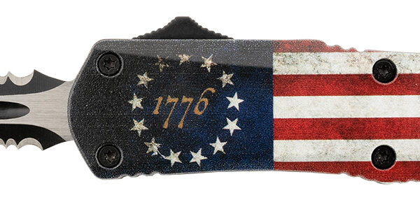 Templar Knife SBRF431 Gen II Betsy Ross Flag Small 2.75″ OTF Dagger Part Serrated 440C SS Blade, 4.25″ Betsy Ross Flag Aluminum Handle, Glass Breaker
