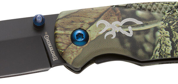 Browning 3220344 Prism 3  EDC Folding 2.38″ Plain Black Oxide 7Cr17MoV SS Blade, Camo w/Brass Accents & Logo Anodized Aluminum Handle, Includes Pocket Clip