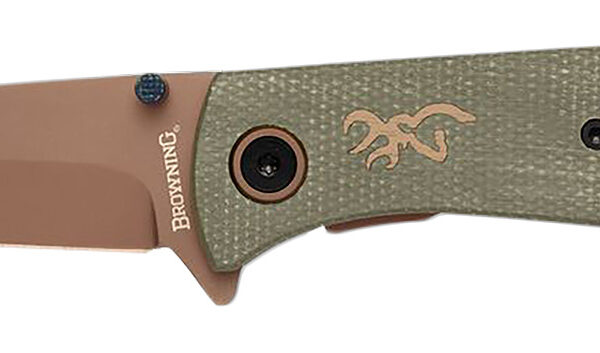 Browning 3220516B Trailside  EDC Small 3″ Folding Modified Drop Point Plain Titanium Finish D2 Steel Blade, Green Micarta Handle, Boxed Pkg