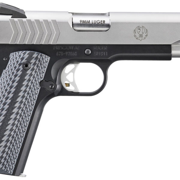 Ruger  SR1911  Full Size 9mm Luger 9+1 5″ Stainless Steel Barrel, Satin Stainless Steel Serrated Slide, Black Anodized Aluminum Frame w/Beavertail, Black/Gray G10 Grip