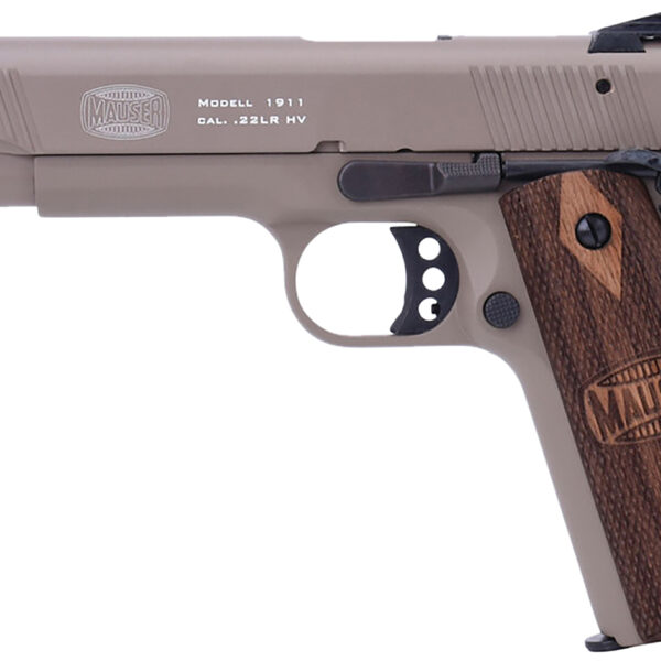 Mauser Rimfire 4110604 1911 22 LR 10+1 5″ Black Steel Barrel, Tan Serrated Aluminum Slide, Tan Aluminum Frame w/Beavertail, Walnut Grip, Ambidextrous