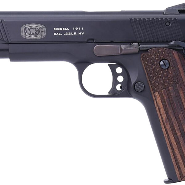 Mauser Rimfire 4110608 1911  22 LR 10+1 5″ Black Steel Barrel, Black Serrated Aluminum Slide, Black Aluminum Frame w/Beavertail, Molded Wood Flag Grip, Ambidextrous