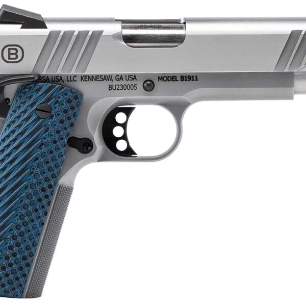 Bersa B19117050SMBL B1911  Full Size Frame 45 ACP 8+1 5″ Stainless Steel Barrel, Polished Stainless Serrated Steel Slide, Matte Stainless Stainless Steel Frame w/Beavertail, Blue VZ Grip, Ambidextrous