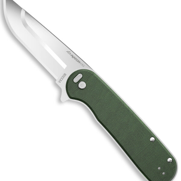 Outdoor Edge VX330B Razor VX3 EDC 3″ Folding Drop Point Plain Satin 420J2 SS Blade, Green Micarta Handle