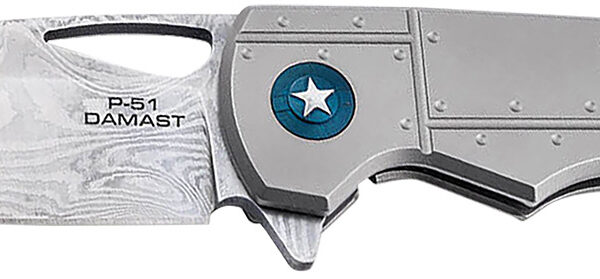 Boker 01BO910DAM P-51 Damast  3.35″ Drop Point Plain Silver Acid Etch Damascus Blade Titanium Handle