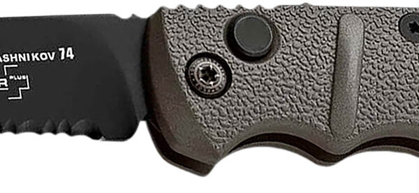 Boker 01KALS96  Kalashnikov 2.52″ Drop Point Plain/Serrated Black D2 Steel Blade Gray Aluminum Handle