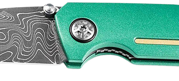 Boker 111102DAM   3.22″ Drop Point Plain Damascus Blade Green Aluminum Handle
