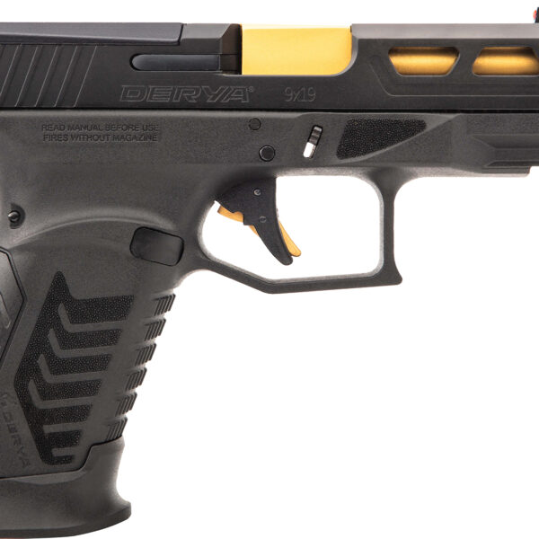 Derya Firearms DY9GUS DY9  9mm Luger 15+1 4.02″ Gold TiN Steel Barrel, Black Nitride Optics Ready/Serrated Alloy Steel Slide, Black Polymer Frame w/Accessory Rail, Black Interchangeable Backstrap Grip