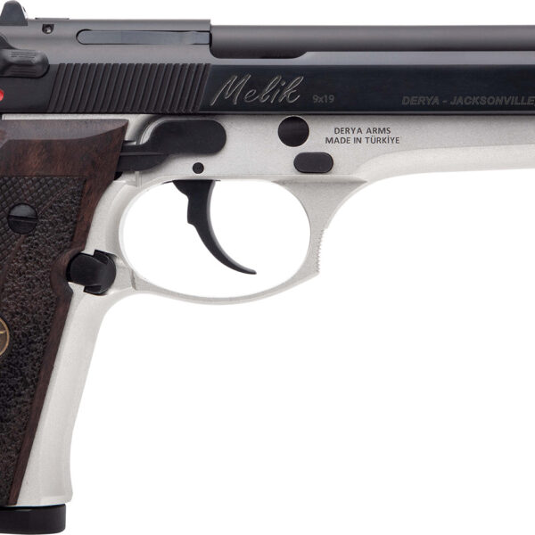 Derya Firearms MELIK9TTTR Melik  9mm Luger 17+1 4.90″ Black Melonite Steel Barrel, Black Melonite Serrated Steel Slide, Silver Anodized Aluminum Frame, Dark Walnut Grip