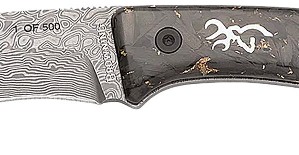 Browning 3220570B Rock  3.50″ Fixed Drop Point Plain Acid Etch Damascus Blade, Carbon Fiber Handle