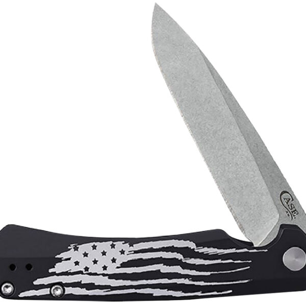 Case 10857 Kinzua Folding Spear Point Plain Stonewashed S35VN SS Blade, Black Anodized w/US Flag Aluminum Handle