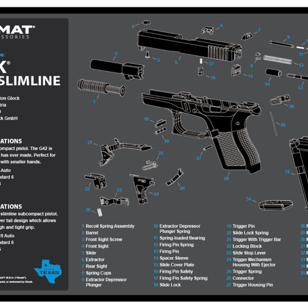 TekMat TEKR17GLOCK4243BL Glock 42/43 Cleaning Mat Black/Blue/White Rubber 11″x17″ Glock 42/43 Parts Diagram
