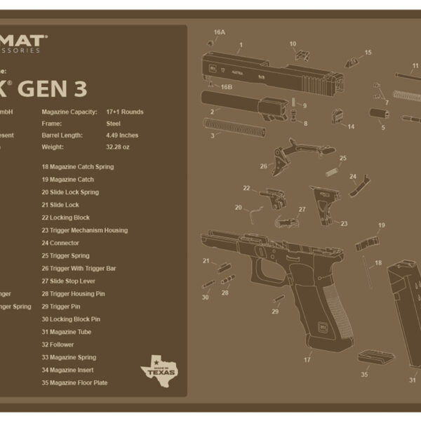 TekMat TEKR17GLOCKG3FDE Glock Gen 3 Cleaning Mat Flat Dark Earth Rubber 11″x17″ Glock Gen 3 Parts Diagram