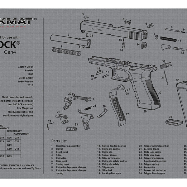 TekMat TEKR17GLOCKG4GY Glock Gen 4 Cleaning Mat Gray Rubber 11″x17″ Glock Gen 4 Parts Diagram