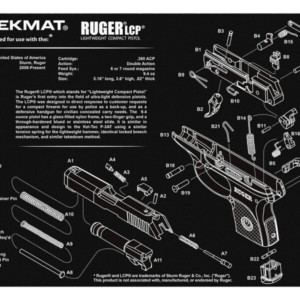 TekMat TEKR17RUGERLCP Ruger LCP Cleaning Mat Black/White Rubber 11″x17″ Ruger LCP Parts Diagram