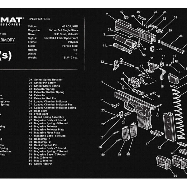 TekMat TEKR17XDS Springfield Armory XDs Cleaning Mat Black/White Rubber 11″x17″ Springfield XDs Parts Diagram