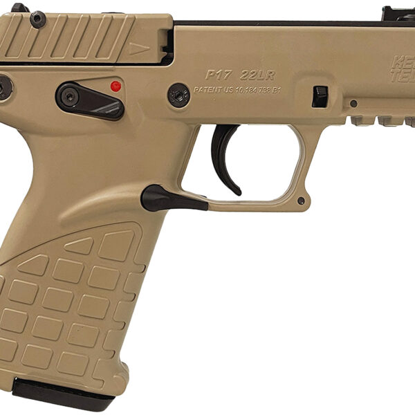 Kel-Tec P17DS P17  Compact Frame 22 LR 16+1 3.80″ Black Steel Threaded Barrel, Desert Tan Serrated Slide Desert Tan Polymer Frame w/Picatinny Rail, Textured Grip Ambidextrous