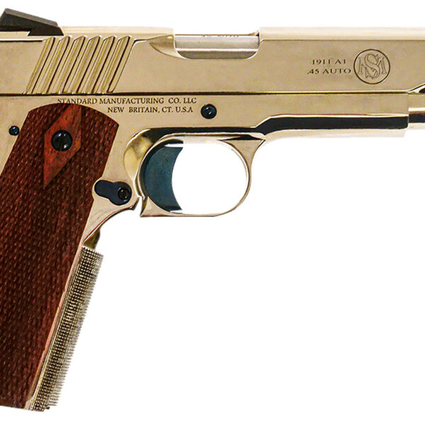Standard Mfg 1911 Standard Full Size Frame 45 ACP 7+1 5″ Stainless Match Grade Barrel, Nickel Steel Serrated Slide, Nickel Steel Frame w/Beavertail, Walnut Double Diamond Grip