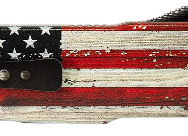 Templar Knife MZWUS121 Premium Weighted  Small 3″ OTF Dagger Plain Black Oxide Stonewashed Powder Coated D2 Steel Blade, 4.50″ Painted Wood Grain US Flag Aluminum Zinc Alloy Handle