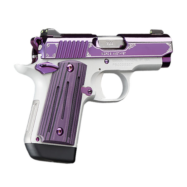 Kimber Mfg, Inc 3300214 Micro 9  9mm Luger 7+1 3.15″ Stainless Ramped Steel Barrel, Purple PVD w/Border Engraving Stainless Steel Serrated Slide, Kimpro II Silver Aluminum Frame, Black/Purple G10 Grip