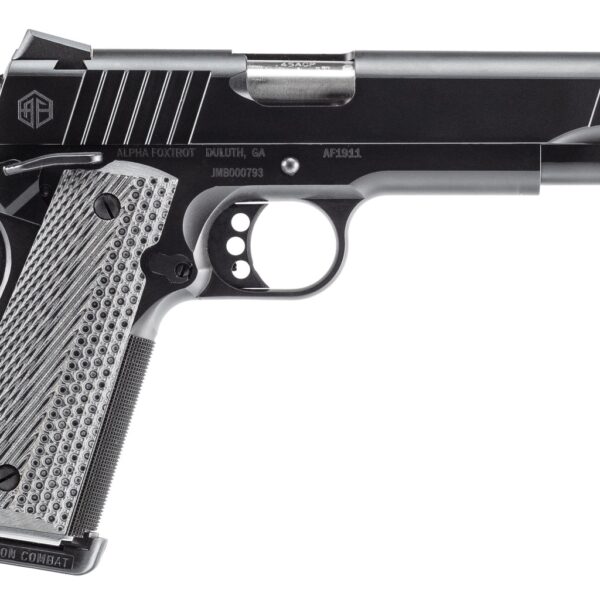 Alpha Foxtrot AA27X4ENA-XQBK08-WBS AF1911  Full Size 45 ACP 8+1 5″ Stainless Bull Barrel, Black QPQ Stainless Steel Serrated Slide, Black QPQ Stainless Steel Serrated Frame w/Beavertail G10 Grip