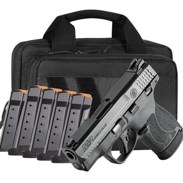 Smith & Wesson 14750 M&P Shield Plus Bundle Micro-Compact 9mm Luger 13+1, 3.10″ Black Armornite Stainless Steel Barrel & Serrated Slide, Matte Black Polymer Frame,  Thumb Safety, 6 Mags & Bag