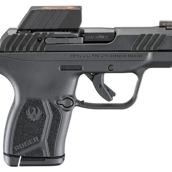 Ruger 13758 LCP Max Compact Frame 380 ACP 10+1 2.80″ Black Nitride Barrel, Black Nitride Alloy Steel Serrated Slide, Black Polymer Frame Textured Grip, Ruger ReadyDot Reflex Sight