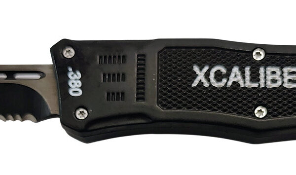 Xcaliber Knife Company  380 ACP  Medium 3.25″ OTF Part Serrated Black 440C SS Blade, 4.64″ Steel Handle