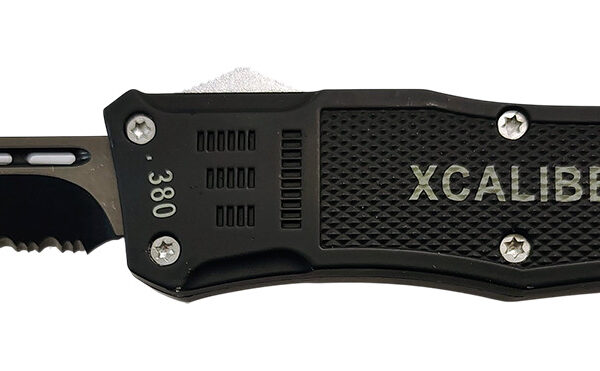 Xcaliber Knife Company  380 ACP  Large 3.80″ OTF Part Serrated Black 440C SS Blade, 5.30″ Steel Handle