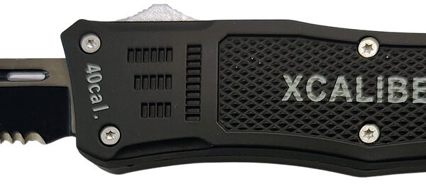 Xcaliber Knife Company  40 Cal  Medium 3.25″ OTF Tanto Part Serrated 440C SS Blade, 4.64″ Steel Handle