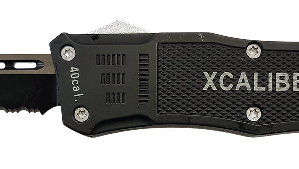 Xcaliber Knife Company  40 Cal  Large 3.80″ OTF Tanto Part Serrated Black 440C SS Blade, 5.30″ Steel Handle